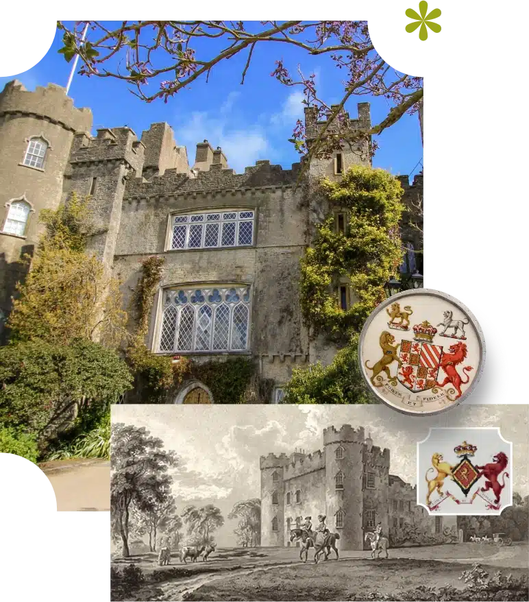 Malahide Castle, with its ivy-covered stone walls and large, ornate windows under a blue sky, stands proudly. A vintage illustration of the castle with horse riders is displayed below, alongside a circular coat of arms featuring lions and a knight.
