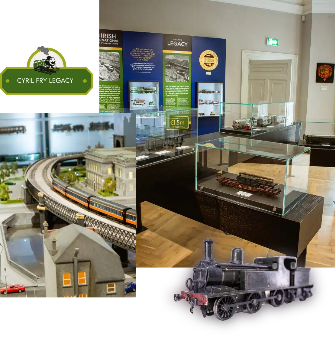 A collage featuring model trains and miniature landscapes in a museum setting. Displays include glass cases with train models, informational panels on Irish railway history, and a close-up of a detailed black train model. Signage reads "Cyril Fry Legacy.
