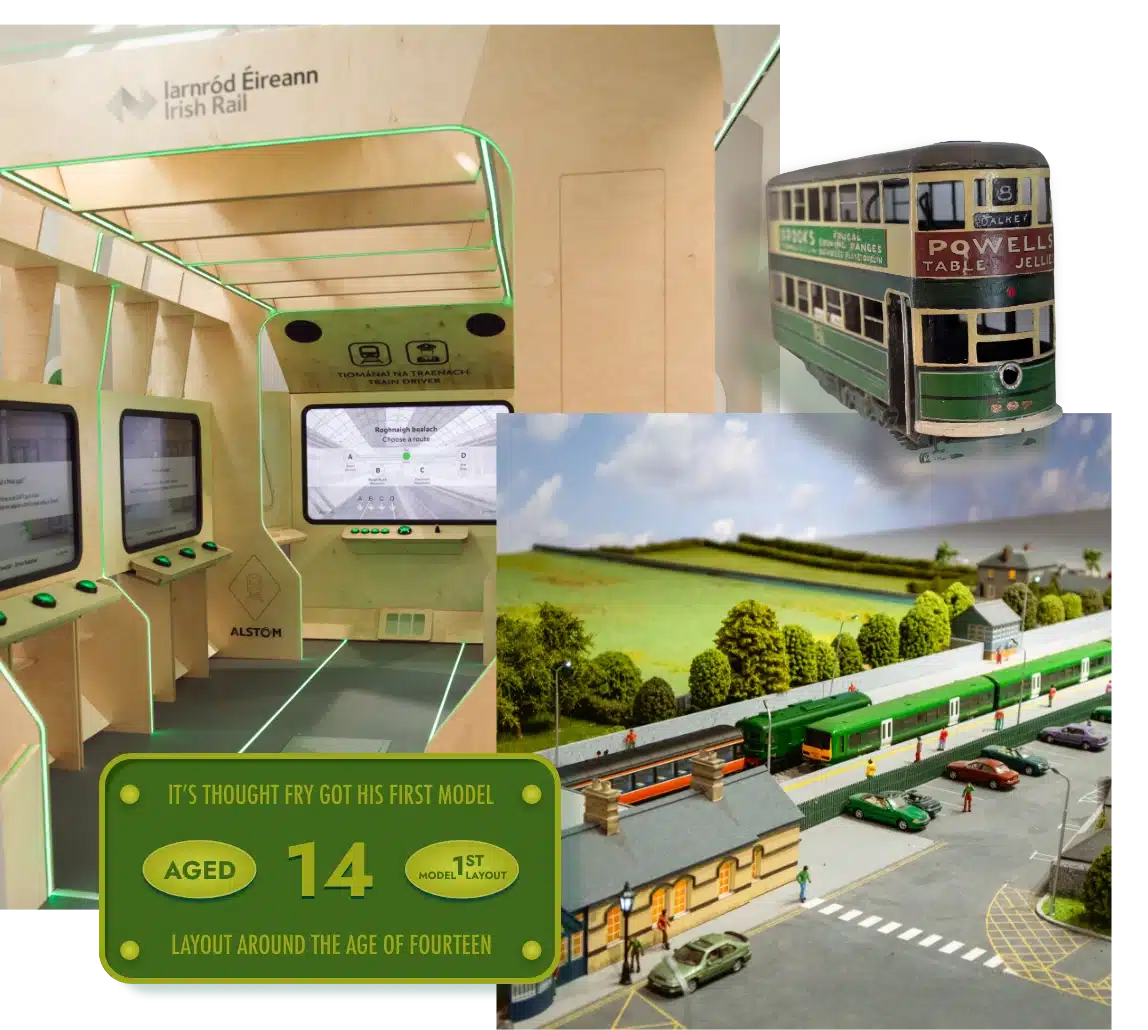 Collage of several images: a modern ticket booth area with "Iarnród Éireann Irish Rail" signage, a vintage bus model, and a detailed model train set with greenery. A sign mentions a 14-year-old's first model layout.