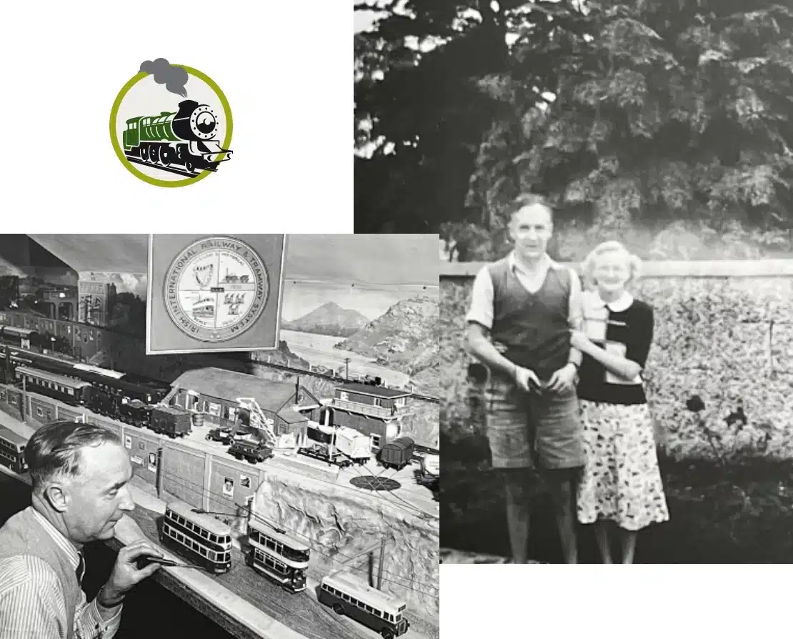 A collage of three black-and-white images: a vintage train logo, a man working on a detailed model train set, and an outdoor photo of a man and woman posing together with trees in the background.
