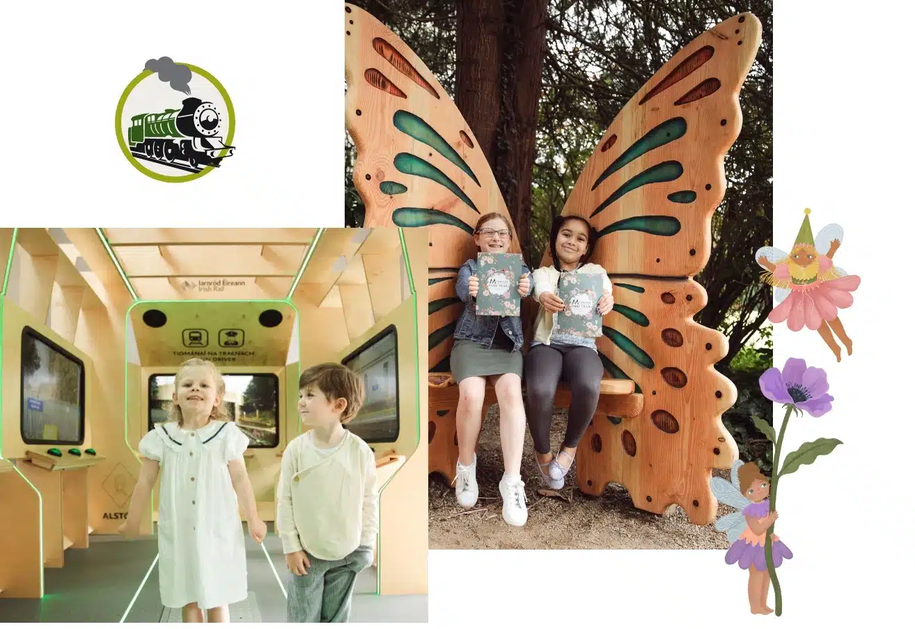 Two children sit on a bench shaped like butterfly wings, holding books. Two children walk inside a train-themed space. Fairy illustrations and a whimsical train logo are also present.