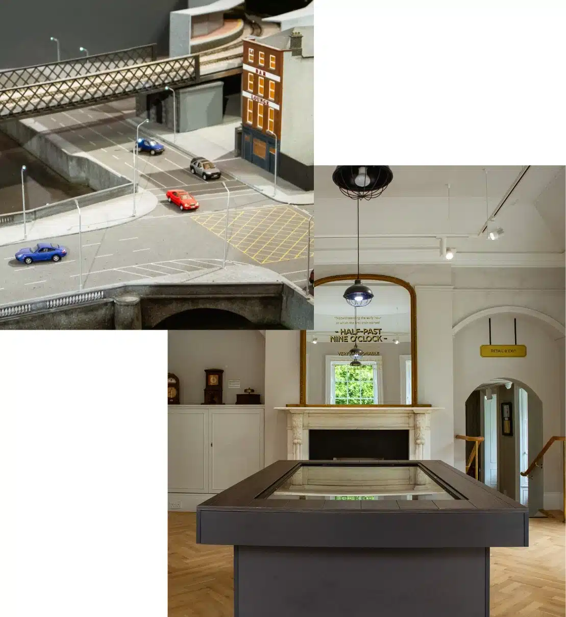 A split image shows a miniature urban model with roads, cars, and buildings on the top left, and an interior gallery space with a display table, fireplaces, and signs on the walls on the bottom right.