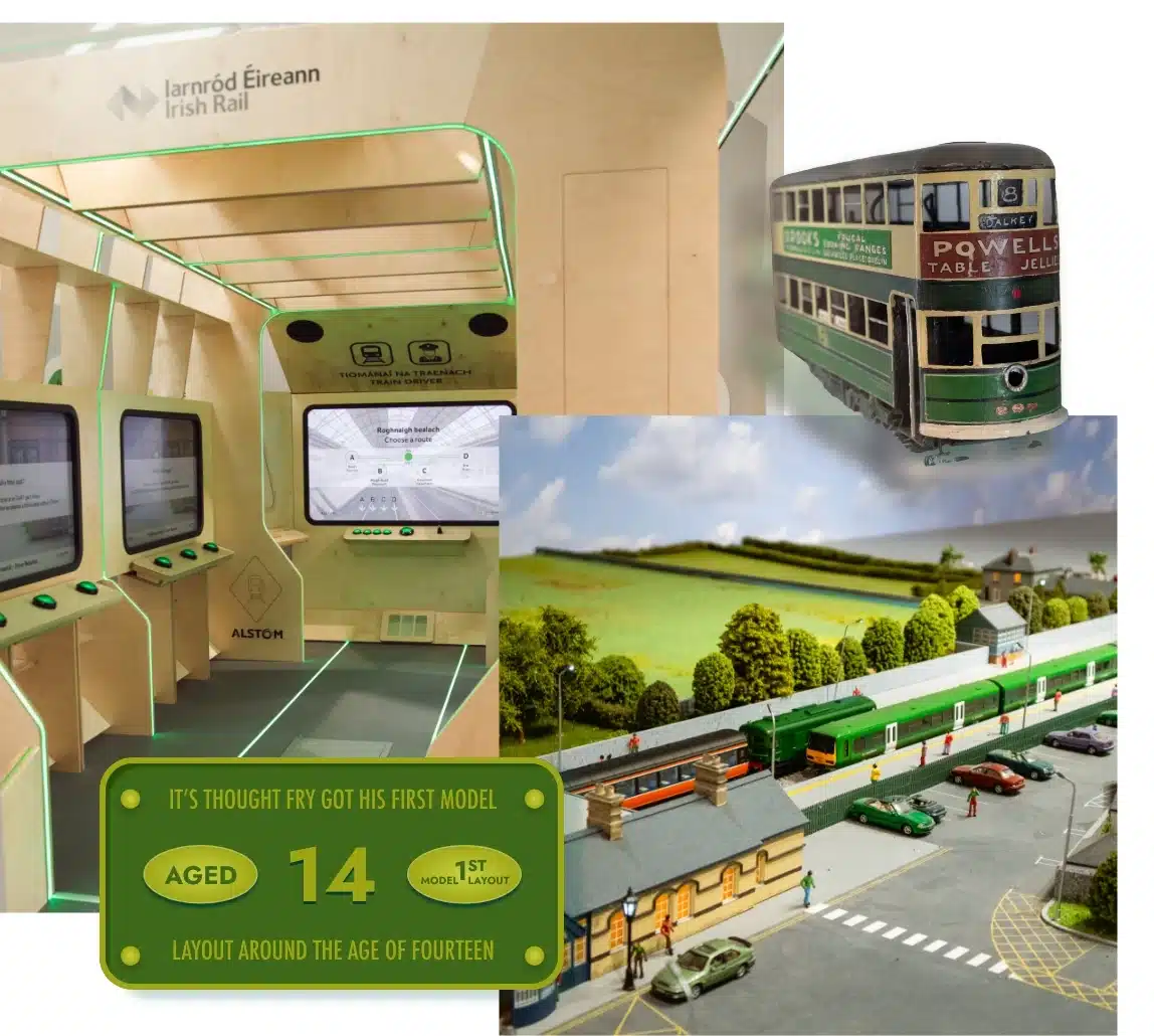 A collage features a modern Irish Rail digital information kiosk, a vintage green double-decker tram model, and a detailed miniature railway layout with a train and cars. A caption reads, "It's thought Fry got his first model layout around the age of fourteen.