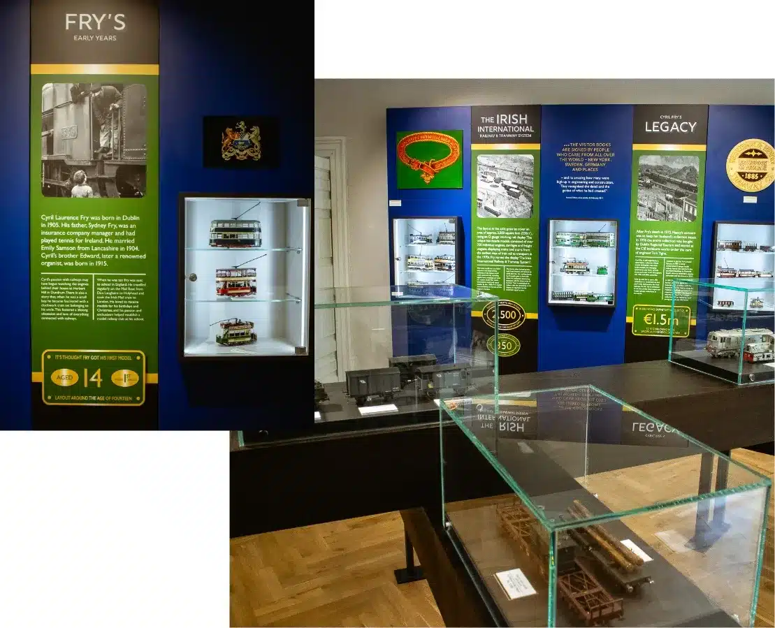 Exhibit showcasing the history of Fry's chocolate with panels displaying text and images. Glass cases contain chocolate mold models and related artifacts. The display focuses on Fry's early years and the Irish International Chocolate legacy.