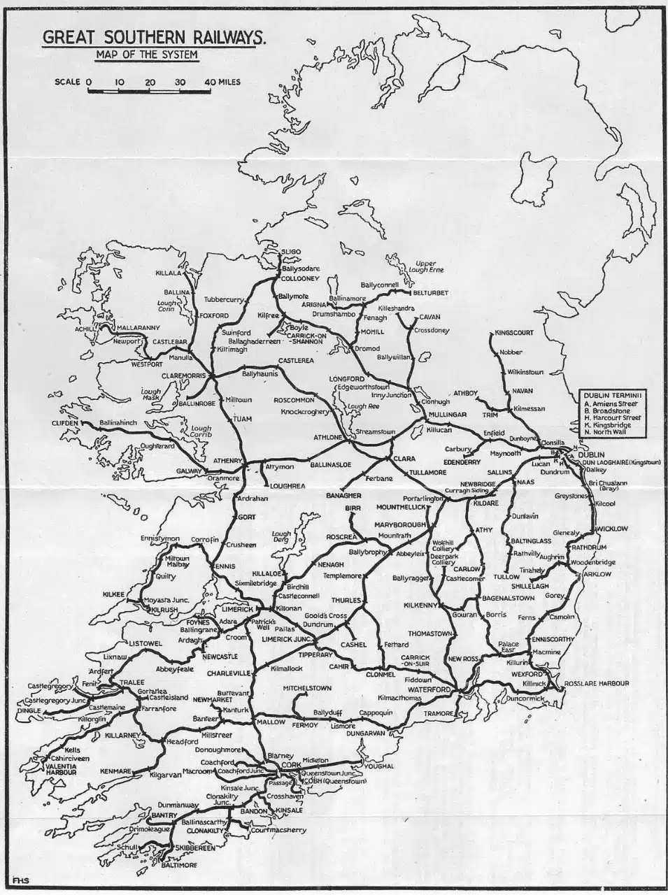 A black and white map titled "Great Southern Railways: Map of the System," showcasing railway lines across Ireland, with landmarks like Malahide Castle. It outlines cities such as Dublin, Cork, and Limerick, featuring a scale of miles at the top to illustrate the extensive rail network.