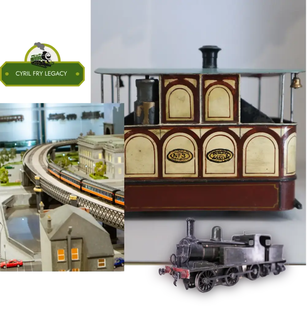 A collage featuring a vintage model steam train, a miniature train set with buildings and cars, and a close-up of a wooden trolley with arches. The "Cyril Fry Legacy" logo is displayed in the top left corner.
