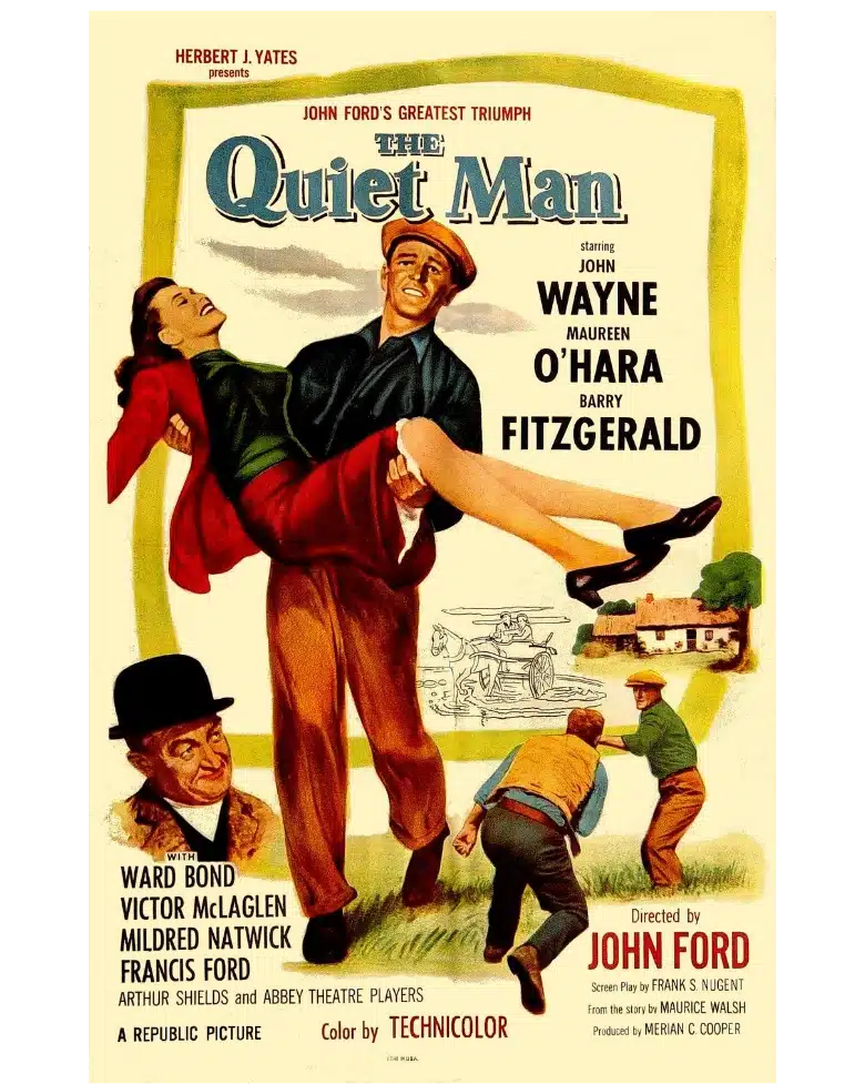 Vintage movie poster for "The Quiet Man," showcasing a man carrying a woman. Two smaller scenes depict jovial and lively interactions, surrounded by text with cast and crew details.