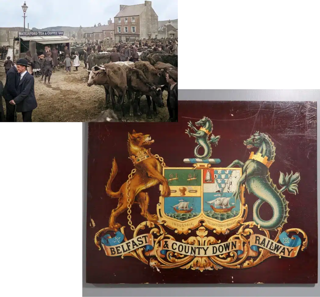 A bustling market scene shows people and cows in a historical setting. Above, a sign reads "Waterford Tea & Coffee Van." Below, there's an ornate emblem with "Belfast & County Down Railway" featuring mythical creatures and ships.