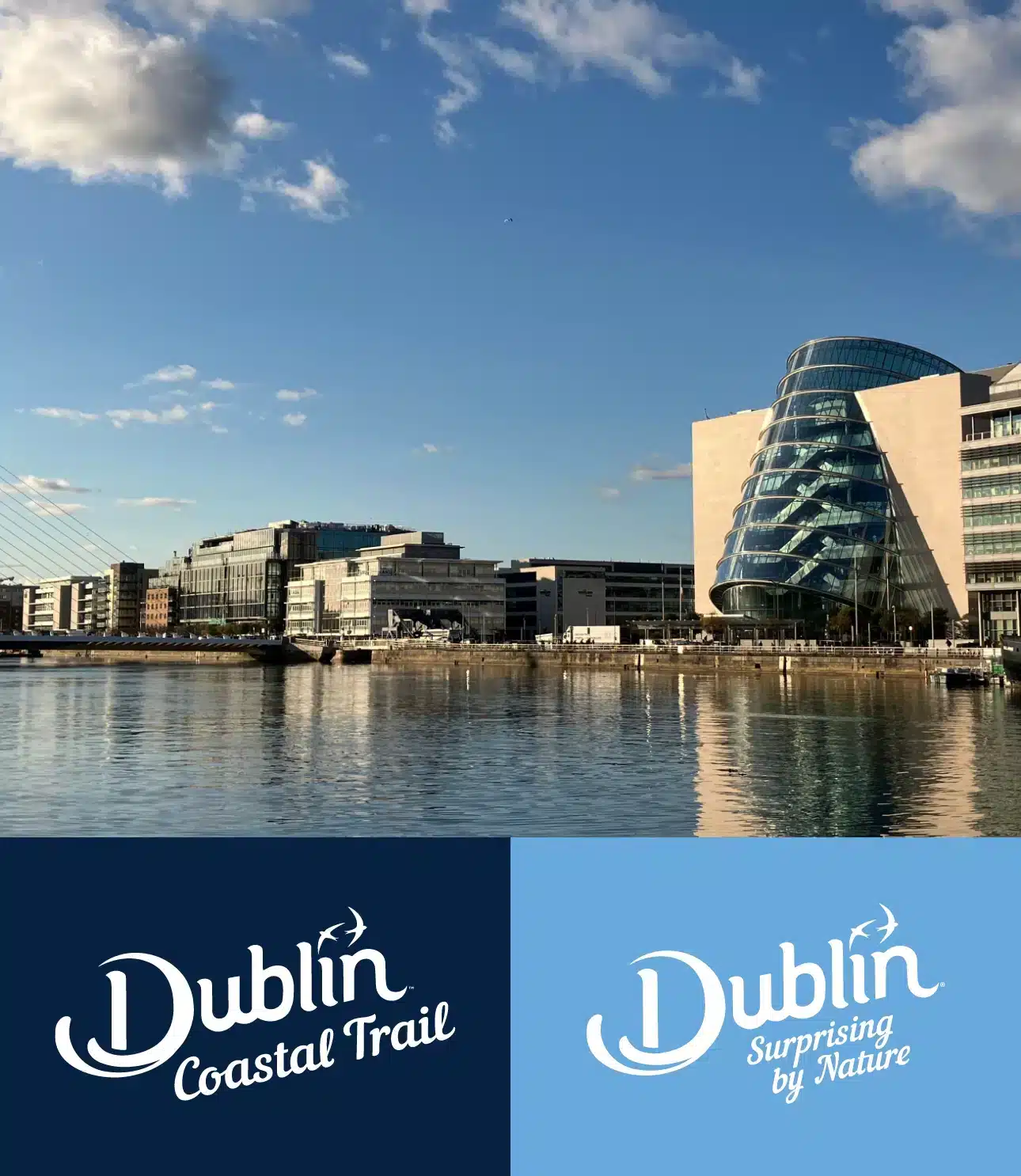 A modern glass building and waterfront are reflected in calm water under a blue sky with a few clouds. Logos at the bottom read "Dublin Coastal Trail" and "Dublin Surprising by Nature.