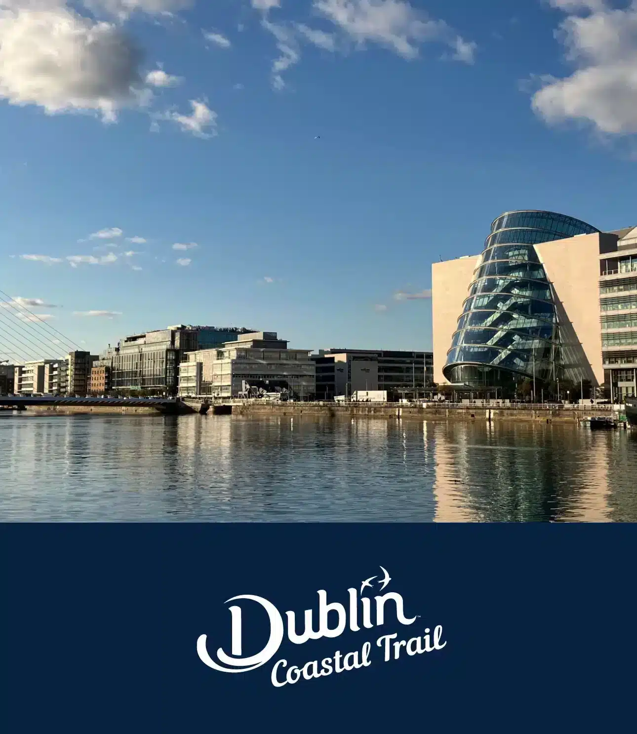 Modern buildings, including the glass-fronted Convention Centre Dublin, line the waterfront under a blue sky with scattered clouds. The water reflects the skyline. “Dublin Coastal Trail” text is overlaid at the bottom, highlighting things to do in Malahide.