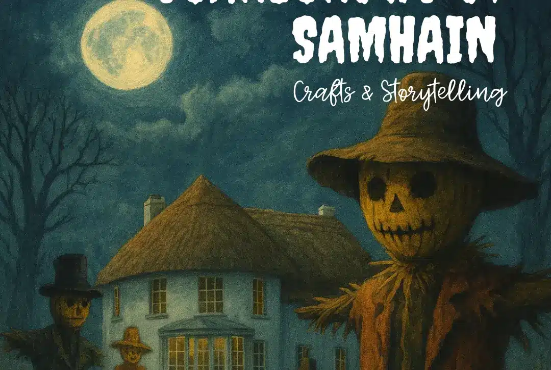 Illustration of spooky scarecrows with jack-o'-lantern heads standing outside a thatched cottage under a full moon. Text reads: "Scarecrows of Samhain - Crafts & Storytelling.
