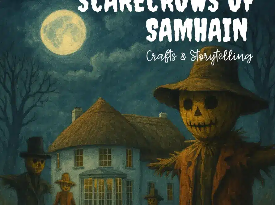 Illustration of spooky scarecrows with jack-o'-lantern heads standing outside a thatched cottage under a full moon. Text reads: "Scarecrows of Samhain - Crafts & Storytelling.