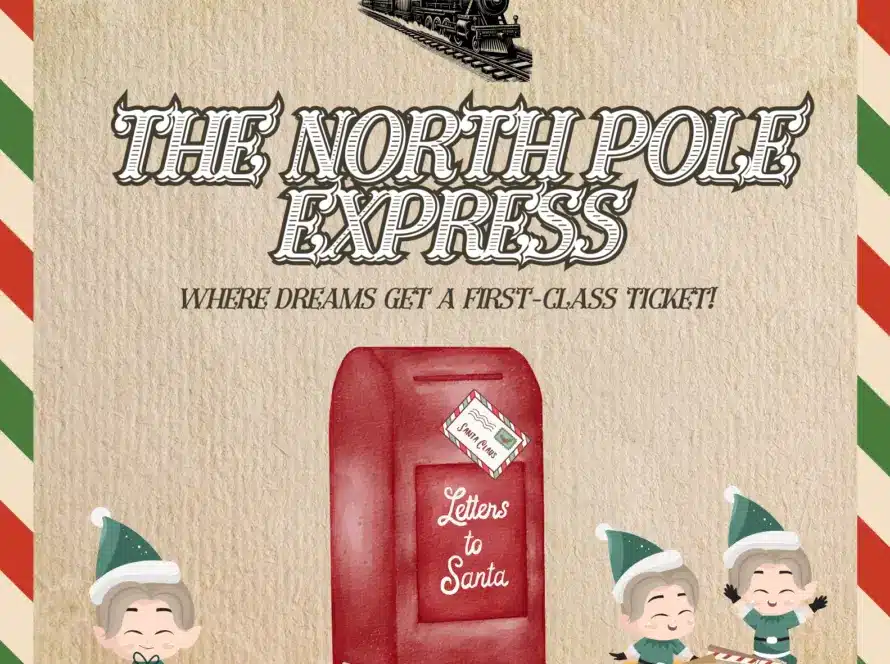 Illustration of a mailbox labeled “Letters to Santa,” surrounded by elves and gifts. At the top, a steam train and large text read “The North Pole Express – Where dreams get a first-class ticket!”